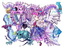 Rule 34 | 10s, 1girl, ascot, bare shoulders, bird, blue eyes, bone, bottle, braid, closed mouth, collarbone, detached sleeves, dress, expressionless, fish bone, flaming eyes, gloves, glowing, glowing eyes, heart, helmet, horns, jar, kabutoyama, layered dress, looking at viewer, monster, monster strike, original, outstretched arm, purple dress, see-through, sharp teeth, skeleton, skull, squid, standing, teeth, twin braids, white gloves, white hair