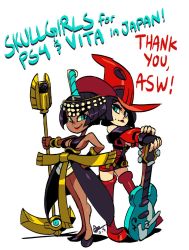 Rule 34 | 2girls, alex ahad, arc system works, black hair, blue eyes, boots, breasts, cleavage, company connection, dark-skinned female, dark skin, eliza (skullgirls), guilty gear, guitar, hat, i-no, instrument, large breasts, mole, multiple girls, red hat, sideboob, skullgirls, thigh boots, thighhighs, witch hat