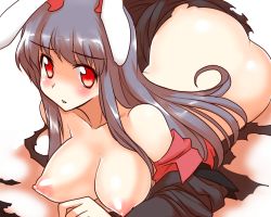Rule 34 | 1girl, animal ears, ass, bad id, bad twitter id, blush, breasts, large breasts, long hair, lying, mono (moiky), nipples, on stomach, pointy breasts, puffy nipples, purple hair, rabbit ears, red eyes, reisen udongein inaba, solo, torn clothes, touhou