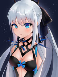 Rule 34 | 1girl, 77 asuka, black background, black dress, black ribbon, blue eyes, braid, breasts, cleavage, commentary, crown, dress, fate/grand order, fate (series), french braid, highres, long hair, medium breasts, morgan le fay (fate), ponytail, ribbon, solo, spikes, white hair