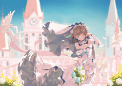 1girl, absurdres, aqua eyes, bangs, bbsucg, bird, blue flower, blue rose, blue sky, blurry, blurry background, bouquet, breasts, bridal gauntlets, bridal veil, bride, brown hair, chinese commentary, church, cleavage, clock, clock tower, commentary request, detached collar, dress, feathers, flower, hair blowing, hair intakes, hair ornament, highres, holding, holding bouquet, long dress, looking at viewer, medium breasts, medium hair, original, outdoors, plant, railing, rose, sky, solo, tower, veil, wedding dress, white bird, white dress, white flower, white rose
