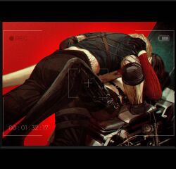 1boy 1girl ada_wong battery_indicator black_gloves black_hair black_leggings black_pants blonde_hair couple elbow_pads feet_out_of_frame gloves hand_on_another&#039;s_back hetero highres kiss leggings leon_s._kennedy long_sleeves midriff pants recording red_background red_shirt red_sweater resident_evil resident_evil_4 resident_evil_4_(remake) ringorange_0514 shirt short_hair short_sleeves sweater