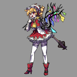 Rule 34 | 1girl, alternate costume, alternate hairstyle, ascot, blonde hair, boots, crystal, drill hair, flandre scarlet, frilled skirt, frilled sleeves, frills, full body, high heel boots, high heels, highres, holding, holding weapon, kaibootsu, looking at viewer, miniskirt, red eyes, red footwear, red skirt, skirt, slit pupils, solo, thighhighs, touhou, weapon, white thighhighs, wings, yellow ascot