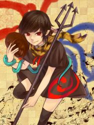 Rule 34 | 1girl, ameya nihachi, asymmetrical wings, black dress, black hair, black thighhighs, checkered background, dated, dress, highres, houjuu nue, looking at viewer, mask, pointy ears, polearm, red eyes, scarf, short hair, short sleeves, smile, snake, solo, thighhighs, touhou, trident, weapon, wings