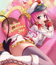 Rule 34 | 1girl, artist request, boots, chocolate, hat, heart, looking at viewer, lowres, lying, nana asta deviluke, pink eyes, pink hair, skirt, solo, striped clothes, striped thighhighs, tail, thighhighs, to love-ru, to love-ru darkness, tomboy, twintails, uniform, valentine, vertical-striped clothes, vertical-striped thighhighs