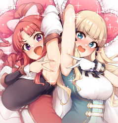 Rule 34 | 2girls, absurdres, akino (princess connect!), arm up, armpits, black bow, blonde hair, blue eyes, blunt bangs, blush, bow, breasts, dress, elf, green dress, hair bow, highres, large breasts, long hair, looking at viewer, multiple girls, open mouth, pointy ears, ponytail, presenting armpit, princess connect!, purple eyes, red dress, red hair, saren (princess connect!), sian, sidelocks, smile, sparkle, spread armpit, upper body