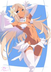 Rule 34 | 1girl, arms up, blonde hair, blue eyes, breasts, commission, dark-skinned female, dark skin, detached collar, elbow gloves, flower, gloves, hair flower, hair ornament, hashtag-only commentary, highres, long hair, looking at viewer, navel, navel piercing, original, panties, papiyon1297, piercing, revealing clothes, skeb commission, small breasts, solo, thigh gap, thighhighs, underwear, very long hair, white gloves, white panties, white thighhighs