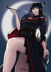 Rule 34 | 1girl, absurdres, bare shoulders, black hair, black kimono, blue background, blunt bangs, brown eyes, commentary, crescent moon, feet out of frame, final fantasy, final fantasy xiv, flower, from below, hair flower, hair ornament, highres, holding, holding smoking pipe, japanese clothes, kagematsuri, kimono, kiseru, knee up, lace collar, legs, long hair, looking at viewer, mole, mole under mouth, monochrome, moon, obi, obijime, off shoulder, parted lips, sash, sidelocks, smile, smoking pipe, solo, square enix, straight hair, twitter username, yotsuyu goe brutus
