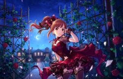 Rule 34 | 10s, 1girl, blush, bodice, bow, breasts, brown eyes, brown hair, cleavage, clothing cutout, contrapposto, crescent moon, dres, dress, earrings, floating hair, flower, garter straps, gate, gloves, hair bow, hand on thigh, hand up, high ponytail, house, idolmaster, idolmaster cinderella girls, idolmaster cinderella girls starlight stage, igarashi kyoko, ironwork, jewelry, lace, lace-trimmed legwear, lace trim, long hair, looking at viewer, mansion, medium breasts, moon, nail polish, navel, night, night sky, official art, outdoors, plant, red dress, red flower, red nails, red rose, red skirt, ribbon, rose, short sleeves, shoulder cutout, side ponytail, skirt, sky, smile, solo, standing, thighhighs, wrist cuffs