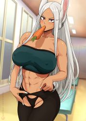 Rule 34 | 1girl, abs, animal ears, artist name, boku no hero academia, breasts, carrot, covered erect nipples, crotch cutout, dark-skinned female, dark skin, female focus, indoors, krabbytheartist, large breasts, long hair, looking at viewer, mirko, muscular, muscular female, rabbit ears, rabbit girl, rabbit tail, red eyes, solo, tail, thick thighs, thighs, white hair