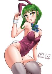 Rule 34 | 1girl, absurdres, animal ears, blue bow, blue bowtie, bob cut, bow, bowtie, breasts, brown eyes, dated, feet out of frame, green hair, grey thighhighs, highres, kantai collection, katou shinobu, leotard, one-hour drawing challenge, open mouth, playboy bunny, purple leotard, rabbit ears, rabbit tail, short hair, short hair with long locks, sidelocks, simple background, small breasts, smile, solo, strapless, strapless leotard, tail, takanami (kancolle), thighhighs, twitter username, white background, wrist cuffs