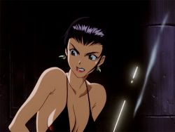 Rule 34 | 1990s (style), 1girl, animated, animated gif, bare shoulders, black hair, bouncing breasts, breasts, clenched teeth, cowboy bebop, earrings, faye valentine, jewelry, lipstick, lowres, makeup, red lips, solo, sweatdrop, teeth, upper body