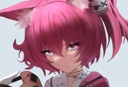 Rule 34 | 1girl, animal ear fluff, animal ears, arknights, closed mouth, collared shirt, commentary request, female focus, grey background, hair between eyes, highres, looking at viewer, mal (malqsm), portrait, purple eyes, purple hair, shamare (arknights), shirt, simple background, solo, white shirt