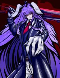 Rule 34 | 1girl, absurdres, animal ears, belt, blazer, coat, cowboy shot, dark background, gloves, hatching (texture), highres, holding, holding sword, holding weapon, huge weapon, jacket, light purple hair, long hair, looking at viewer, necktie, over shoulder, pants, purple hair, rabbit ears, reaching, reaching towards viewer, red background, red eyes, red necktie, reisen udongein inaba, serious, shirt, silhouette, simple background, solo, sword, touhou, trench coat, upper body, very long hair, weapon, weapon over shoulder, weedhollow (dokuran), white gloves, white pants, white shirt