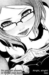 Rule 34 | 1girl, bad id, bad tumblr id, book, breast press, breasts, breasts apart, demon boy, english text, eyelashes, glasses, greyscale, highres, lips, looking at viewer, mike inel, monochrome, nipples, nude, open book, original, over-rim eyewear, pov, puffy nipples, reading, semi-rimless eyewear, short hair, small breasts, solo focus, subtitled, tentacles