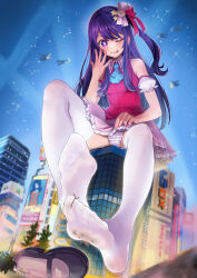 Rule 34 | 1girl, ;p, absurdres, black footwear, blue neckerchief, blush, building, city, commentary request, frilled panties, frilled skirt, frills, giant, giantess, highres, hoshino ai (oshi no ko), idol clothes, long hair, neckerchief, night, one eye closed, oshi no ko, panties, partial commentary, pink shirt, pink skirt, purple eyes, purple hair, sahara1127, shirt, shoes, unworn shoes, sitting, skirt, sleeveless, sleeveless shirt, smile, solo, star-shaped pupils, star (symbol), symbol-shaped pupils, thighhighs, tongue, tongue out, underwear, white panties, white thighhighs