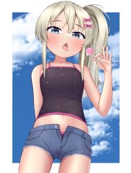 Rule 34 | 1girl, absurdres, black one-piece swimsuit, blonde hair, blue eyes, blue shorts, blush, bow, candy, collarbone, cowboy shot, denim, denim shorts, food, grecale (kancolle), hair between eyes, hair bow, highres, holding, holding candy, holding food, holding lollipop, kantai collection, lollipop, long hair, looking at viewer, one-piece swimsuit, one side up, open fly, open mouth, pink bow, polka dot, polka dot swimsuit, saliva, shorts, solo, swimsuit, tiemu (man190), tongue, tongue out
