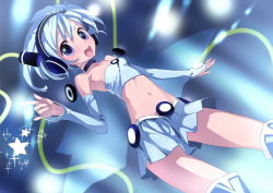 Rule 34 | 1girl, :d, \m/, bare shoulders, blue eyes, blue hair, blush, boots, choker, detached sleeves, dutch angle, headphones, knee boots, looking at viewer, matching hair/eyes, midriff, navel, okishi jien, okishiji en, open mouth, original, short hair, skirt, smile, solo, strapless, tube top