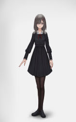 Rule 34 | 1girl, arms at sides, black footwear, black shirt, black skirt, brown pantyhose, closed mouth, full body, glasses, grey background, grey eyes, grey hair, hair ornament, hairclip, high-waist skirt, highres, legs together, lips, long hair, long sleeves, looking at viewer, original, pantyhose, school uniform, shirt, shoes, simple background, skirt, smile, solo, standing, xukong