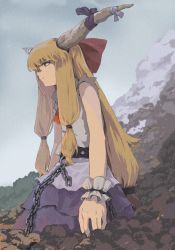 Rule 34 | 1girl, belt, black belt, black ribbon, blue ribbon, blue skirt, bow, brown eyes, chain, closed mouth, commentary request, cowboy shot, day, from below, from side, giant, giantess, hair bow, highres, horn ornament, horn ribbon, horns, ibuki suika, light brown hair, long hair, low-tied long hair, medium request, oni, orange eyes, orange hair, outdoors, profile, purple ribbon, red bow, red neckwear, ribbon, shiratama (hockey), shirt, sidelocks, skirt, sky, sleeveless, sleeveless shirt, slouching, smoke, solo, sparks, torn clothes, torn sleeves, touhou, traditional media, very long hair, white ribbon, white shirt, wrist cuffs