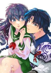 1boy 1girl armor bankotsu_(inuyasha) black_hair blue_eyes blue_hair blush braid breasts facial_mark forehead_mark green_sailor_collar green_skirt hair_between_eyes haramura_(e2ismus715) highres higurashi_kagome inuyasha japanese_armor japanese_clothes long_hair medium_breasts neckerchief parted_bangs pleated_skirt red_neckerchief sailor_collar school_uniform shirt shoulder_armor single_braid skirt upper_body white_background white_shirt