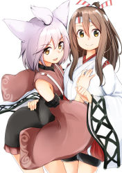Rule 34 | 2girls, animal ears, azur lane, bad id, bad pixiv id, cowboy shot, crossover, detached sleeves, fang, hachimaki, hair between eyes, hand on another&#039;s chest, hand on another&#039;s hip, headband, high ponytail, japanese clothes, kantai collection, kimono, light brown hair, long hair, long sleeves, looking at viewer, multiple girls, name connection, open mouth, ponytail, red shorts, short hair, shorts, shouhou (azur lane), sidelocks, simple background, smile, topknot, white background, white hair, white kimono, wide sleeves, yellow eyes, zarashi, zuihou (kancolle)
