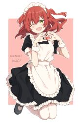Rule 34 | 1girl, ;d, alternate costume, apron, black dress, black footwear, bocchi the rock!, border, dated, dress, enmaided, frilled apron, frilled dress, frills, full body, green eyes, hair between eyes, heart, heart hands, jumping, kita ikuyo, light blush, looking at viewer, maid, maid apron, maid headdress, medium hair, one eye closed, open mouth, red background, red hair, shoes, short sleeves, signature, simple background, sk tsu96, smile, solo, thighhighs, white apron, white border, white thighhighs, wrist cuffs