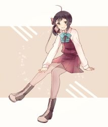 Rule 34 | 1girl, ahoge, black hair, blue bow, blue bowtie, blush, boots, bow, bowtie, cross-laced footwear, fujinami (kancolle), full body, grey pantyhose, hair ribbon, kantai collection, lace-up boots, long hair, long sleeves, looking at viewer, pantyhose, ponytail, ribbon, school uniform, shakemi (sake mgmgmg), shirt, side ponytail, skirt, smile, solo, white background, white shirt, yellow eyes