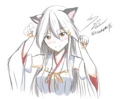 Rule 34 | 10s, 1girl, animal ears, cat day, cat ears, commentary request, detached sleeves, fang, grey hair, hair ornament, hairclip, haruna (kancolle), highres, japanese clothes, kantai collection, kemonomimi mode, namikawa kuroha, nontraditional miko, orange eyes, signature, sketch, solo, twitter username
