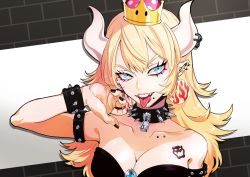 Rule 34 | 1girl, bare shoulders, black dress, black nails, blonde hair, blue eyes, bowser logo, bowser tattoo, bowsette, bracelet, breasts, cleavage, collar, collarbone, crown, dress, earrings, eyelashes, fangs, fingernails, gem, hand up, horn ornament, horn ring, horns, jewelry, long hair, looking at viewer, mario (series), medium breasts, nail polish, new super mario bros. u deluxe, nintendo, open mouth, piercing, pointy ears, puppeteer7777, solo, spiked bracelet, spiked collar, spikes, strapless, strapless dress, super crown, tattoo, tongue, tongue out, upper body