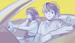 Rule 34 | 2boys, car, closed mouth, collared shirt, commentary request, convertible, driving, earrings, eoduun badaui deungbul-i doeeo, heterochromia, highres, jacket, jewelry, kim jaehee, korean commentary, long sleeves, looking at viewer, male focus, motor vehicle, multiple boys, park moo-hyun, reac1 go1d, shirt, short hair, simple background, sitting, smile, striped clothes, striped shirt, vertical-striped clothes, vertical-striped shirt, yellow background