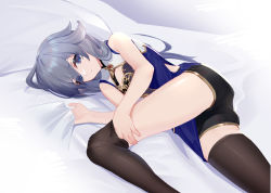 Rule 34 | 1girl, absurdres, bad id, bad pixiv id, bed, bed sheet, black hair, black thighhighs, blue dress, blue eyes, china dress, chinese clothes, closed mouth, dress, fu hua, fu hua (valkyrie accipiter), hair between eyes, highres, honkai (series), honkai impact 3rd, long hair, looking at viewer, lying, on side, sleeveless, sleeveless dress, solo, thighhighs, wucanming