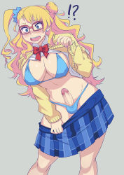 Rule 34 | 10s, 1futa, asymmetrical hair, bespectacled, bikini, blonde hair, blue bikini, blue eyes, blue skirt, blush, bow, bowtie, breasts, censored, cleavage, clothes lift, clothes pull, erection, futanari, galko, glasses, grin, gyaru, knightgawain, large breasts, long hair, nail polish, navel, one side up, oshiete! galko-chan, penis, penis in swimsuit, plaid, plaid skirt, pleated skirt, red-framed eyewear, school uniform, scrunchie, shirt lift, side bun, skirt, skirt pull, smile, solo, surprised, swimsuit, swimsuit under clothes, undressing
