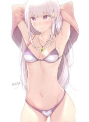 Rule 34 | 1girl, alternate costume, armpits, arms behind head, arms up, artist name, bare shoulders, bikini, blunt bangs, bow, bow bikini, bow bra, bra, breasts, cleavage, closed mouth, collarbone, colored eyelashes, commentary, cowboy shot, emilia (re:zero), english commentary, facing viewer, flower, gem, gluteal fold, hair flower, hair ornament, highres, jewelry, kimoshi, long hair, looking to the side, medium breasts, navel, necklace, panties, pointy ears, purple bikini, purple eyes, re:zero kara hajimeru isekai seikatsu, silver hair, simple background, solo, stomach, swimsuit, thighs, two-tone bikini, underwear, white background, white bikini, x hair ornament