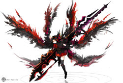Rule 34 | 1girl, black hair, black thighhighs, black wings, boots, capelet, female focus, gloves, headphones, huge weapon, knee boots, large wings, long hair, pixiv fantasia, pixiv fantasia 5, red eyes, simple background, skirt, solo, thighhighs, tsukii, weapon, white background, wings