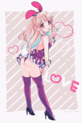 Rule 34 | 1girl, amezawa koma, animal ears, ass, back, backless outfit, bare shoulders, black footwear, blonde hair, detached collar, fake animal ears, fake tail, full body, heart, high heels, highres, index finger raised, leotard, long hair, looking at viewer, looking back, open mouth, original, pink eyes, playboy bunny, purple leotard, purple thighhighs, rabbit ears, rabbit tail, smile, solo, strapless, strapless leotard, tail, thighhighs, two side up, wrist cuffs