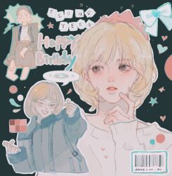 Rule 34 | 1girl, :&lt;, :d, animification, barcode, black background, black eyes, black jacket, blonde hair, blue bow, blue nails, bow, brown hair, brown jacket, brown skirt, character name, crown, dated, finger heart, happy birthday, highres, jacket, jeongyeon (twice), k-pop, leaning to the side, multiple views, nail polish, open mouth, parted lips, plaid, plaid jacket, plaid skirt, qiao nan 1028 hao, real life, shirt, shirt tucked in, short hair, skirt, sleeves past wrists, smile, sparkle, sweater, t-shirt, twice (group), white shirt, white sweater