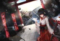 Rule 34 | 1girl, backlighting, banner, belt pouch, blunt bangs, breath, cherry blossoms, falling leaves, girls&#039; frontline, gun, hair ornament, hairclip, hakama, hakama skirt, headphones, highres, japanese clothes, kimono, leaf, long hair, looking at viewer, magazine (weapon), microphone, miko, mountain, obi, official alternate costume, outdoors, pouch, red eyes, red scarf, river, sash, scarf, scenery, shumeia, skirt, smile, snowman, solo, submachine gun, sunrise, text focus, tiles, torii, translation request, tree, tsurime, type 100 (girls&#039; frontline), type 100 (gunslinger miko) (girls&#039; frontline), weapon, wide sleeves