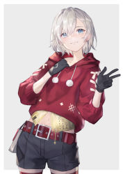 Rule 34 | 1girl, black gloves, black shorts, blue eyes, border, closed mouth, contrapposto, cowboy shot, gloves, grey background, hair between eyes, highres, hood, hood down, hooded sweater, kobuta, long sleeves, looking at viewer, midriff, navel, original, outside border, red sweater, red thighhighs, short hair, short shorts, shorts, silver hair, smile, solo, standing, stomach, sweater, thighhighs, v, white border, zettai ryouiki