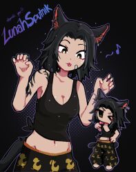 Rule 34 | 1girl, :3, animal ears, black hair, black pants, black tank top, breasts, cat ears, cat tail, cleavage, closed mouth, commission, highres, medium breasts, original, pants, short hair, smile, solo, tail, tank top, tongue, tongue out, yumeyuk0