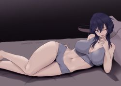 Rule 34 | 1girl, bed, black hair, bra, breasts, commission, commissioner upload, fire emblem, fire emblem: genealogy of the holy war, fire emblem heroes, highres, larcei (fire emblem), lingerie, lying, nintendo, on bed, on side, one eye closed, pillow, short hair, short shorts, shorts, simple background, smile, solo, sports bra, tongue, tongue out, underwear, underwear only, vialnite