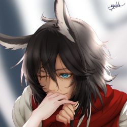 Rule 34 | 1boy, animal ears, arknights, bad id, bad pixiv id, black hair, blue eyes, commentary, courier (arknights), deer ears, disembodied limb, highres, inuboe, kiss, kissing hand, one eye closed, scarf, simple background