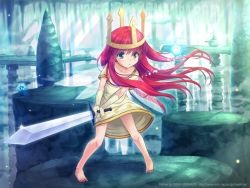 Rule 34 | 1girl, barefoot, child, child of light (game), crown, dirty, dirty feet, dress, gloves, igniculus, long hair, miyai sen, princess aurora, red hair, solo, sword, toes, weapon, wings