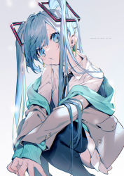 Rule 34 | 1girl, bare shoulders, blue eyes, blue hair, blue necktie, blush, bukurote, character name, collared shirt, commentary, earrings, grey background, hair ornament, hatsune miku, highres, jacket, jewelry, long hair, long sleeves, looking at viewer, miniskirt, necktie, off shoulder, pleated skirt, shirt, short sleeves, simple background, skirt, sleeves past wrists, smile, solo, spring onion, spring onion earrings, squatting, thighhighs, twintails, vocaloid, white shirt