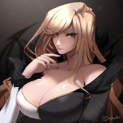 Rule 34 | 1girl, absurdres, alternate hairstyle, bare shoulders, blonde hair, breasts, cleavage, dress, eyes visible through hair, finger to own chin, fingernails, fur trim, grey eyes, hair down, hand on own chin, heterochromia, highres, hilda (under night in-birth), huge filesize, large breasts, light, lips, lipstick, long hair, long sleeves, looking at viewer, makeup, nail polish, purple nails, red eyes, sharp fingernails, simple background, sio (fireflufferz), slit pupils, smile, solo, twitter username, two-tone dress, under night in-birth, very long hair, zipper