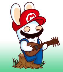 Rule 34 | blue overalls, closed eyes, commentary, english commentary, facial hair, full body, gradient background, hat, highres, holding, holding instrument, instrument, mandolin, mario (series), mario + rabbids kingdom battle, mustache, nintendo, overalls, rabbid, raving rabbids, red hat, simple background, solo, tree stump