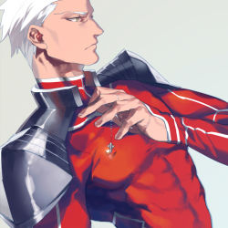 Rule 34 | 1boy, archer (fate), armor, collant, cosplay, crossover, cu chulainn (fate), cu chulainn (fate/stay night), cu chulainn (fate/stay night) (cosplay), dark-skinned male, dark skin, fate/stay night, fate (series), grey eyes, jewelry, male focus, necklace, pauldrons, pendant, red shirt, rei (sanbonzakura), shirt, shoulder armor, shoulder pads, solo, type-moon, white hair