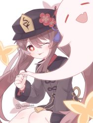 Rule 34 | 1girl, :d, ;), ;p, black nails, boo tao (genshin impact), brown hair, chinese clothes, commentary request, flower, genshin impact, ghost, hair between eyes, hat, hat flower, hat ornament, highres, holding, hu tao (genshin impact), jewelry, long hair, long sleeves, looking at viewer, nail polish, one eye closed, open mouth, red eyes, ring, short shorts, shorts, sidelocks, simple background, sitting, smile, softrabbit, symbol-shaped pupils, tongue, tongue out, twintails