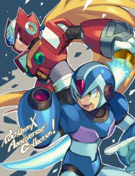 Rule 34 | !, 2boys, android, arm cannon, armor, beam saber, capcom, closed mouth, commentary request, copyright name, energy blade, gloves, green eyes, helmet, holding, iroyopon, long hair, male focus, mega man (series), mega man x (series), multiple boys, open mouth, ponytail, power armor, serious, teeth, weapon, white gloves, x (mega man), zero (mega man)