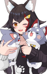 Rule 34 | 1girl, ;d, animal, animal ear fluff, animal ears, black choker, black hair, black hoodie, blush, choker, commentary request, fang, flipped hair, hair ornament, hairclip, highres, holding, holding animal, hololive, hood, hoodie, long hair, long sleeves, mia960, miofa (ookami mio), multicolored hair, official alternate costume, one eye closed, ookami mio, ookami mio (casual), open mouth, paw print, red hair, sidelocks, simple background, smile, solo, spiked hair, streaked hair, two-tone hoodie, virtual youtuber, white background, white hoodie, wolf, wolf ears, wolf girl, yellow eyes